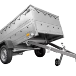 Grande remorque 230×125 avec bâche plate grise, tiges de support bâche, rehausses de ridelles et roue jockey – Garden Trailer 230 KIPP