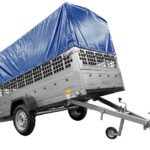 Remorque de jardin 264 KIPP avec roue jockey, glissières grillagées, châssis H-800 et couvercle bleu