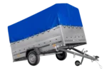 Remorque à un essieu 264×150 UNITRAILER GARDEN 265 KIPP avec ridelles BIS, arceau H-800 et bâche bleue