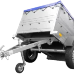 Remorque petite à vendre à benne basculante – Garden Trailer 150 KIPP [avec rehausses de ridelles et bâche plate bleue]