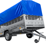 Remorque basculante UNITRAILER GARDEN 265 (264×150 cm) avec ridelles grillagées, arceau H-800 et bâche de protection bleue